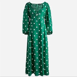 J. Crew Sweetheart Long Sleeve Midi Dress in Polka Dot Jungle Green NEW